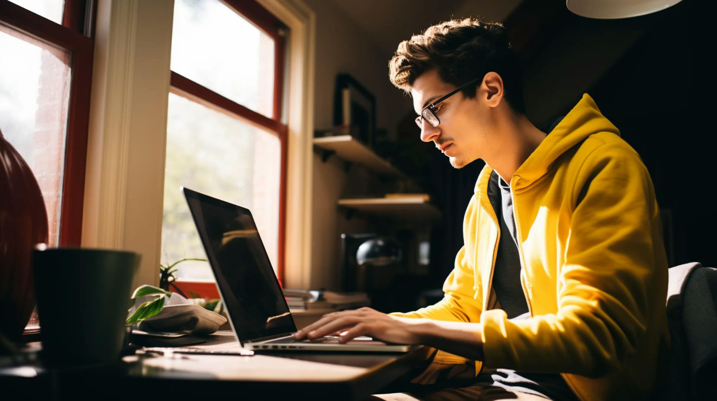 A young man in a yellow hoodie focused on his laptop, engrossed in his work.