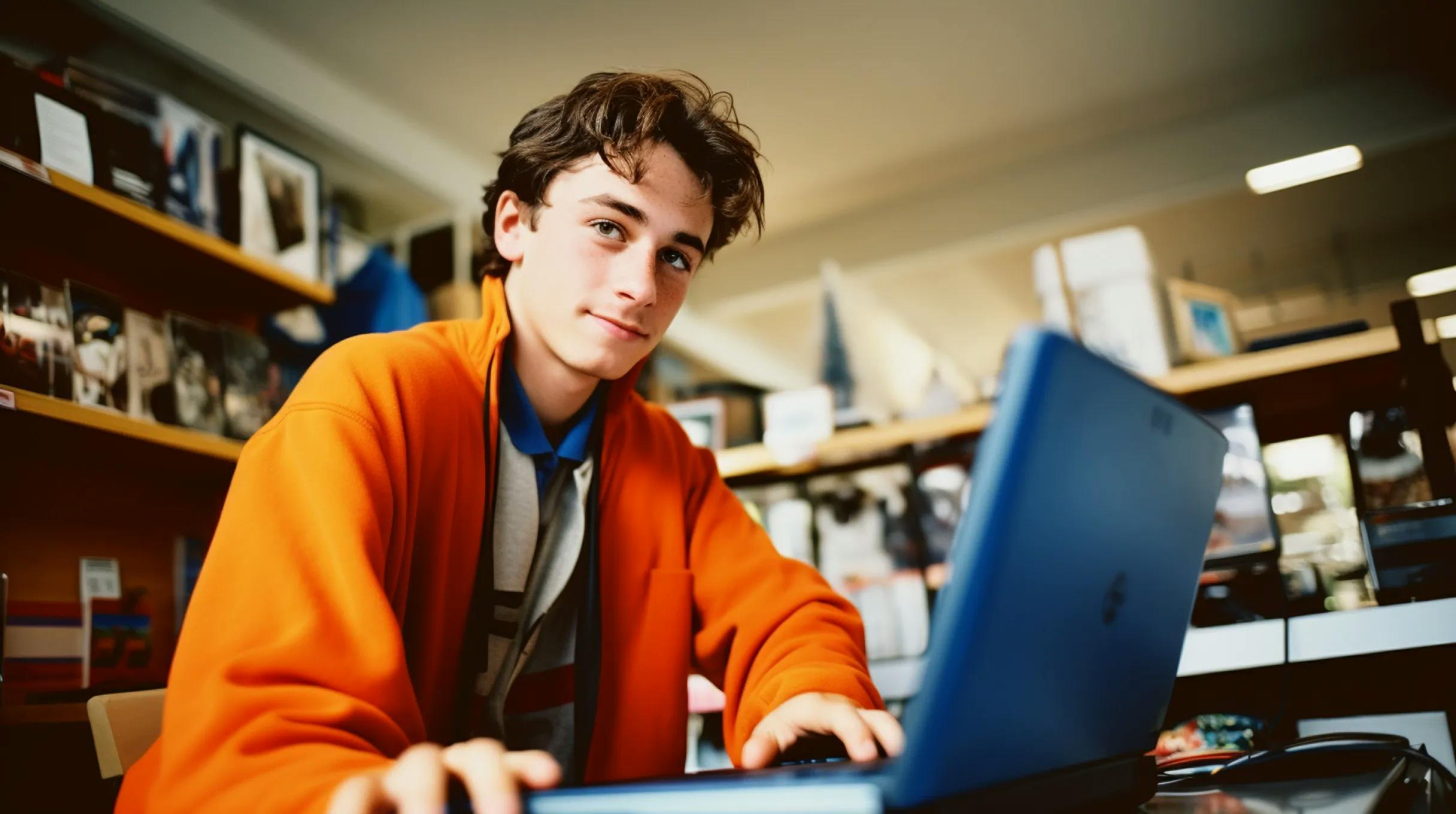  A boy wearing an orange sweater, sitting at a desk with a laptop in front of him.