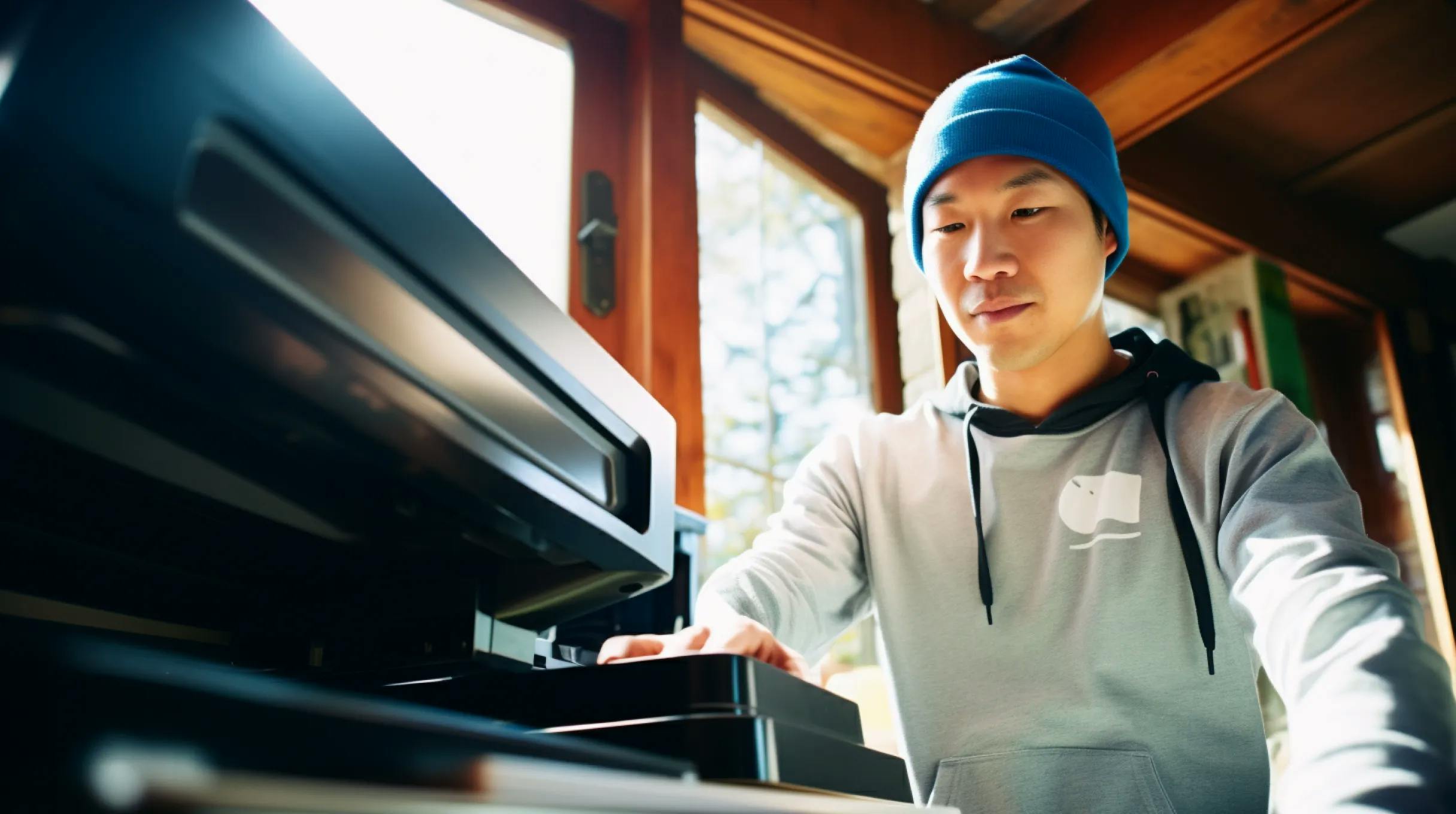A man in a blue hat and sweatshirt is diligently working on a printer.