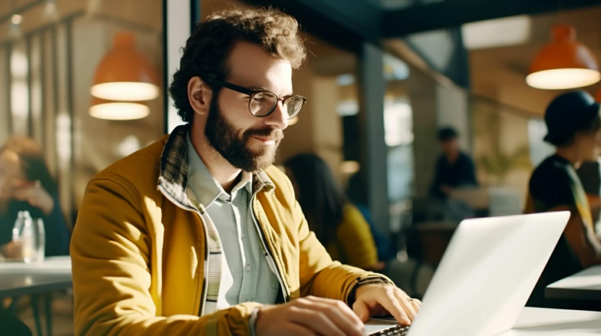  A man wearing glasses is focused on his laptop, engrossed in his work.
