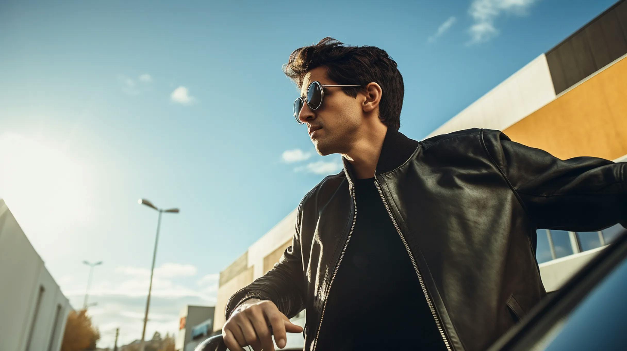 A man in sunglasses leaning on a car hood, exuding a cool and confident vibe.