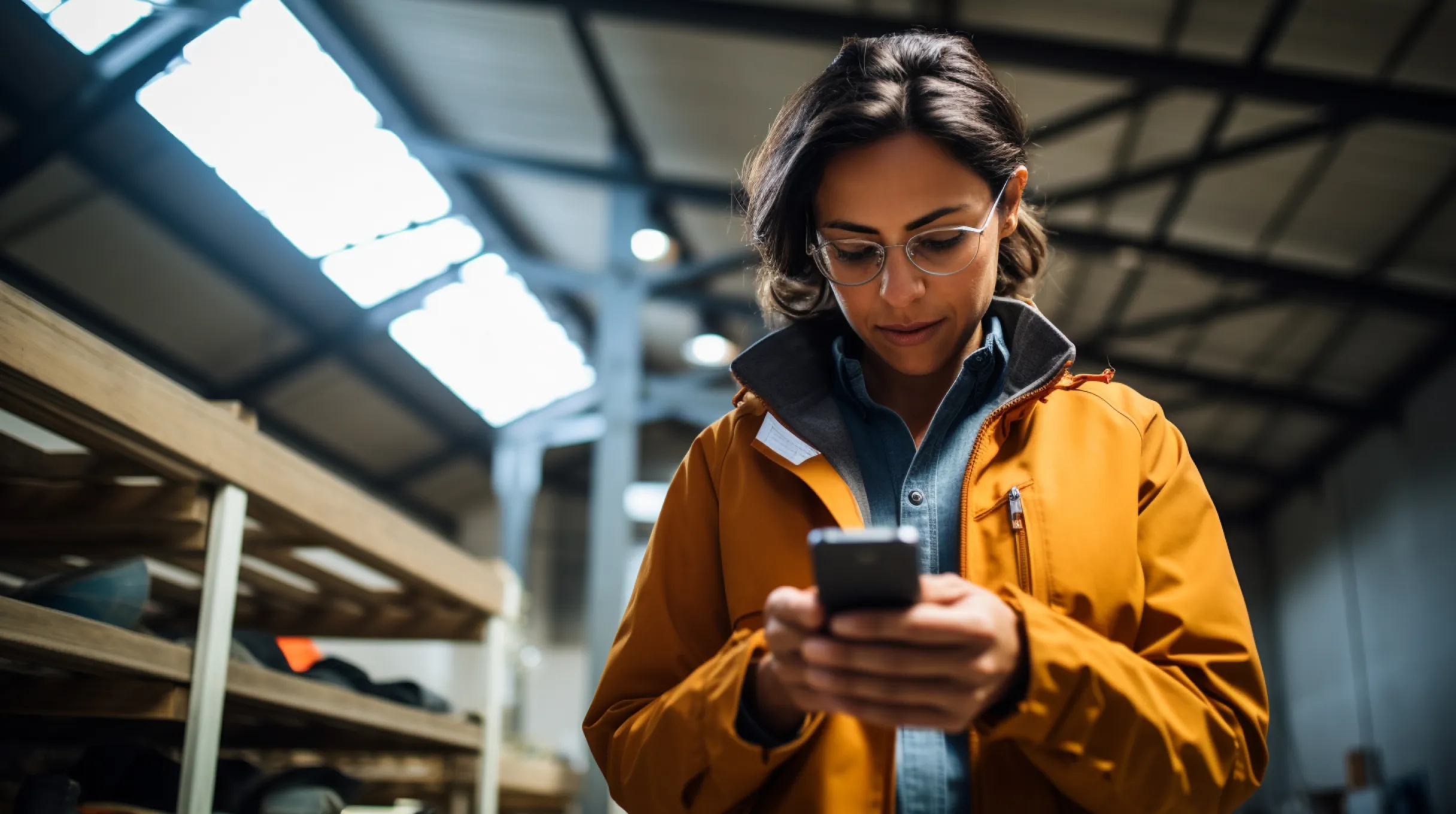 A woman in an orange jacket engrossed in her phone