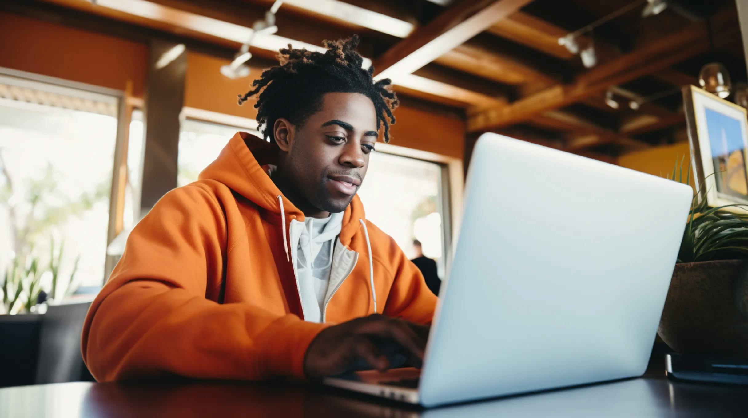 A man in an orange hoodie focused on his laptop screen, engrossed in his work.