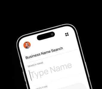 Mobile screen displaying a business name search interface.