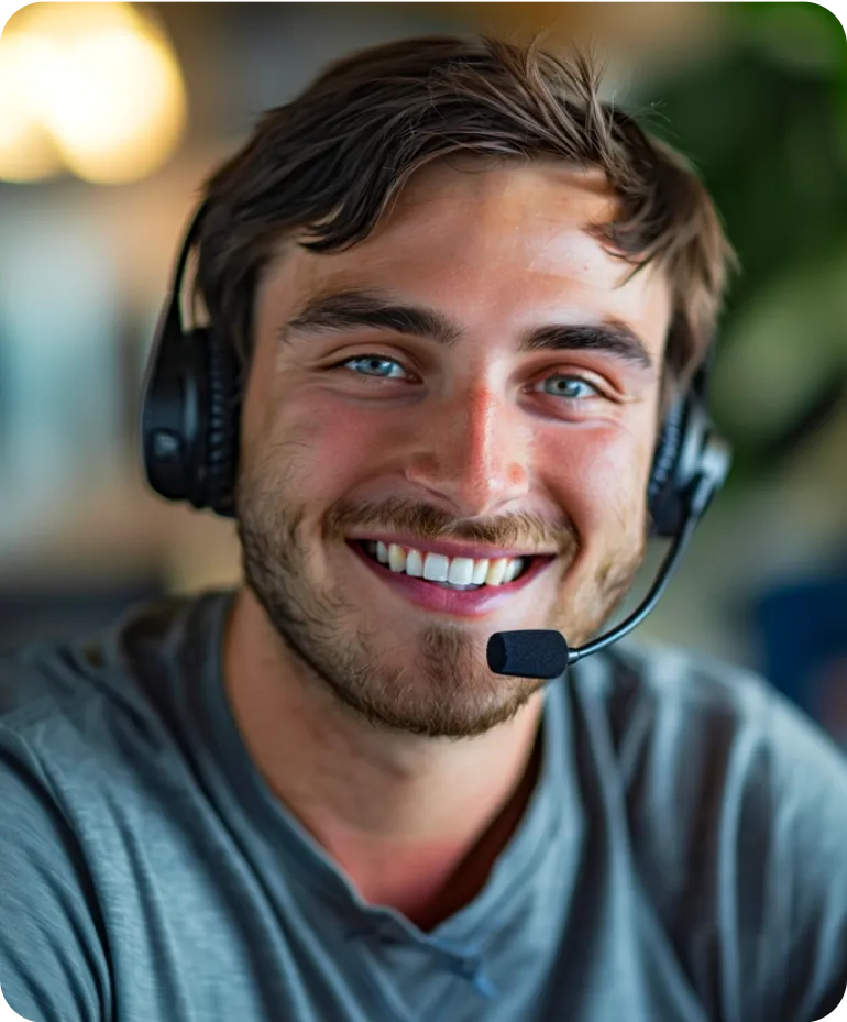 Smiling man with a headset, wearing a gray t-shirt.
