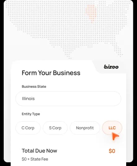 Business formation interface highlighting Illinois LLC option.