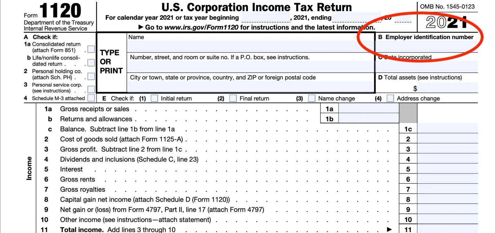 US corporation income tax report form 1120
