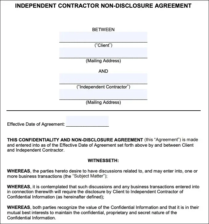Independent contractor non disclosure agreement