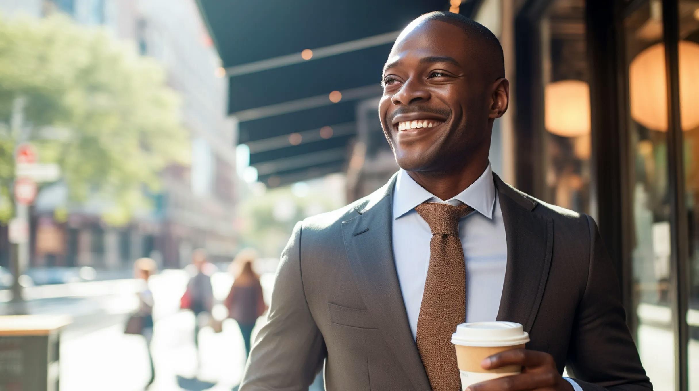 A professional man in a suit holding a coffee cup, ready to start his day with a warm beverage.
