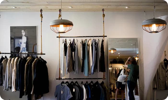 Trendy boutique clothing store with hanging racks, industrial pendant lights, and stylish apparel on display, creating a modern shopping atmosphere.