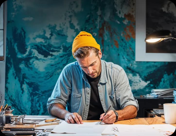 Man in a yellow beanie drawing at a table, with a wave mural behind him.