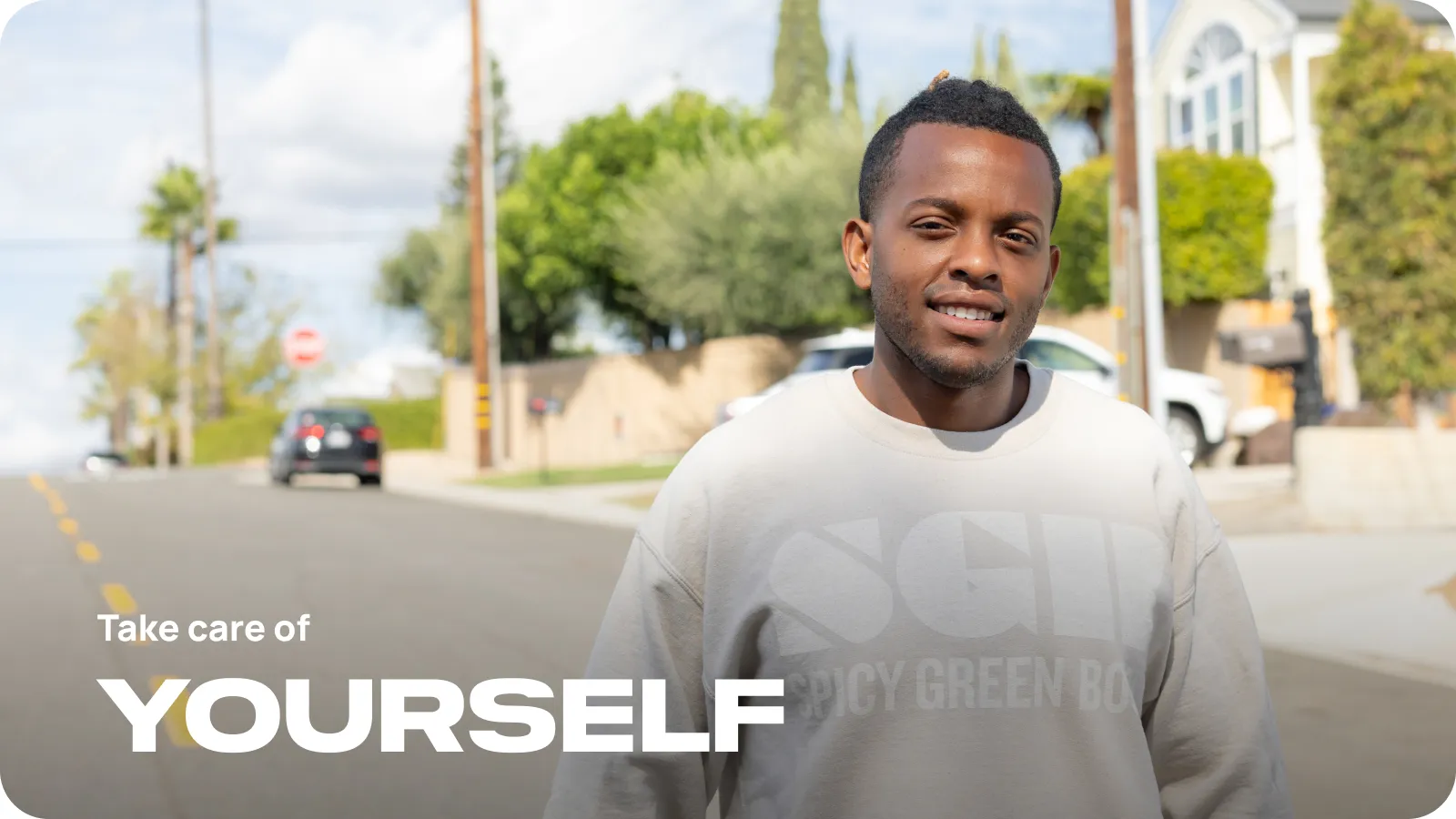 Danilo Batson standing on the road with title: Take care of yourself