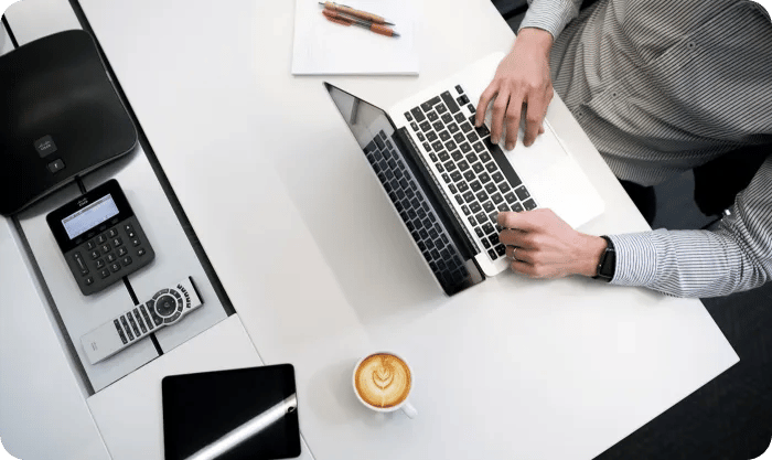 Man Typing Laptop Coffee Tablet