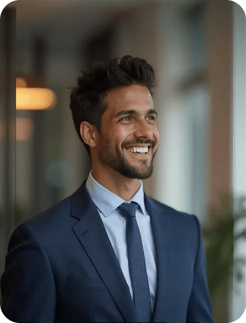 Confident Business Professional In Navy Suit Smiling