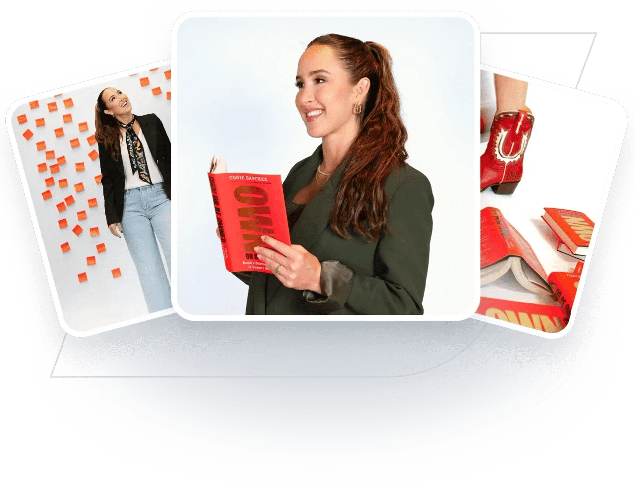 Codie Sanchez smiling and holding her book, Own or Be Owned, flanked by a photo of her standing among scattered sticky notes and a close-up of her red cowboy boots beside copies of the book.