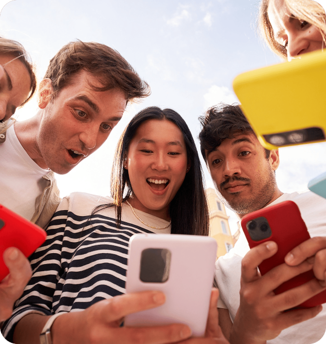 Diverse Group Young People Circle Staring Surprise Cell Phone Screen Together Outdoors