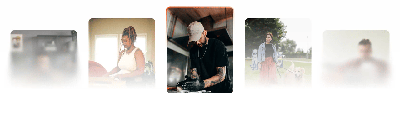 Centered person wearing a cap and gloves looking at a phone, with surrounding images blurred in a horizontal carousel layout