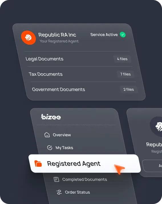 Registered Agent dashboard showing active service and stored legal, tax, and government documents