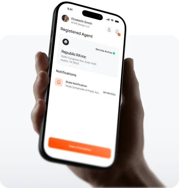Hand holding a phone showing an active Registered Agent service and state notifications.