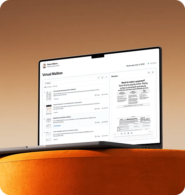 Laptop displaying a virtual mailbox interface with digital mail previews and document organization features.