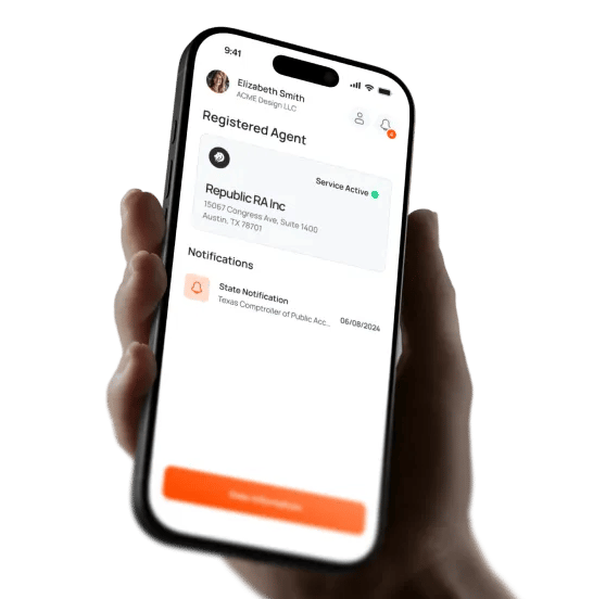 Hand holding a phone showing an active Registered Agent service and state notifications