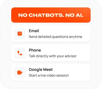 No chatbots, no AI message above three contact options: email for detailed questions, phone to speak with an advisor, and Google Meet for live video sessions.