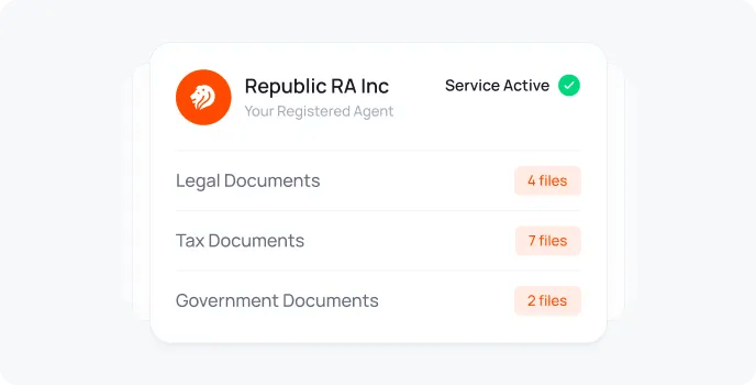 Active Registered Agent service showing legal, tax, and government documents.