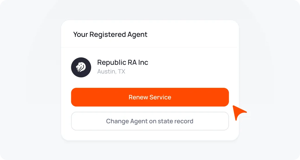 Registered Agent dashboard with options to renew service or change the agent on state record.
