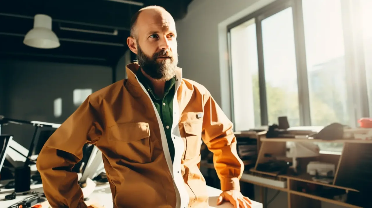 Bearded man wearing a brown jacket standing in a bright, sunlit office with large windows and modern furniture.