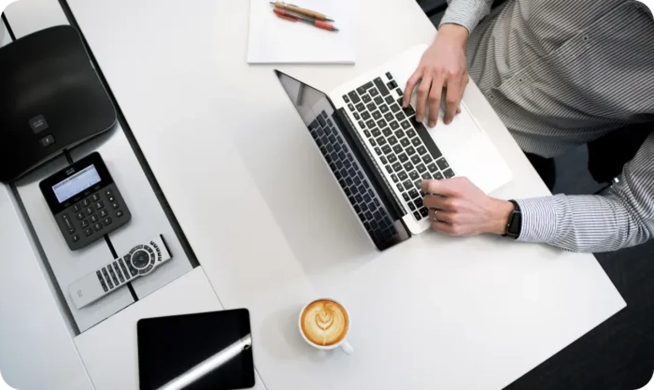 Man Typing Laptop Coffee Tablet