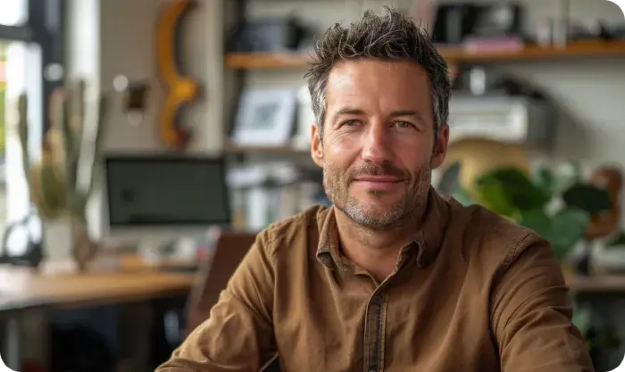 Confident Middle Aged Man In Modern Home Office Smiling At Camera
