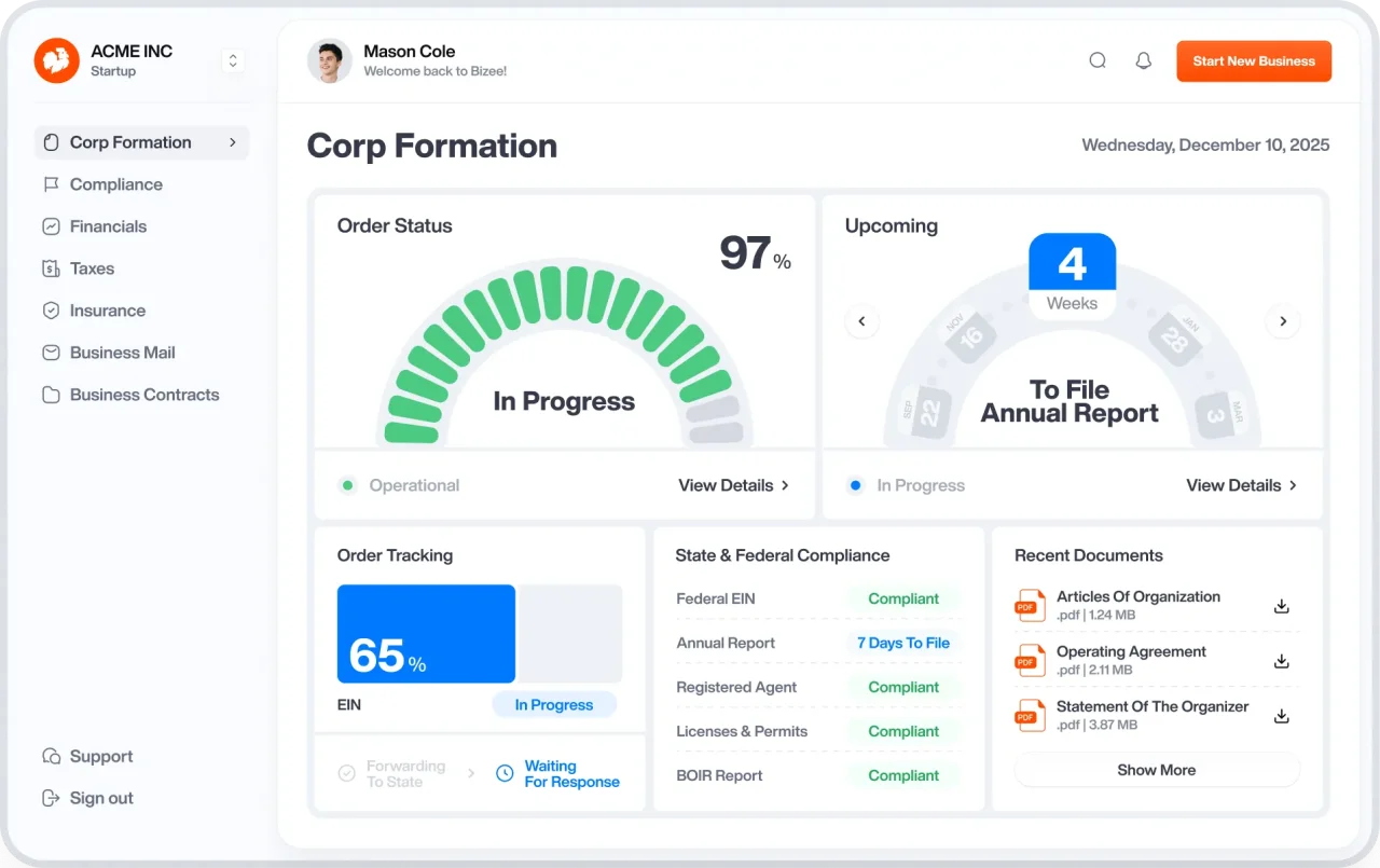 Business formation and compliance dashboard displaying LLC status, EIN tracking, annual report deadlines, and corporate documents