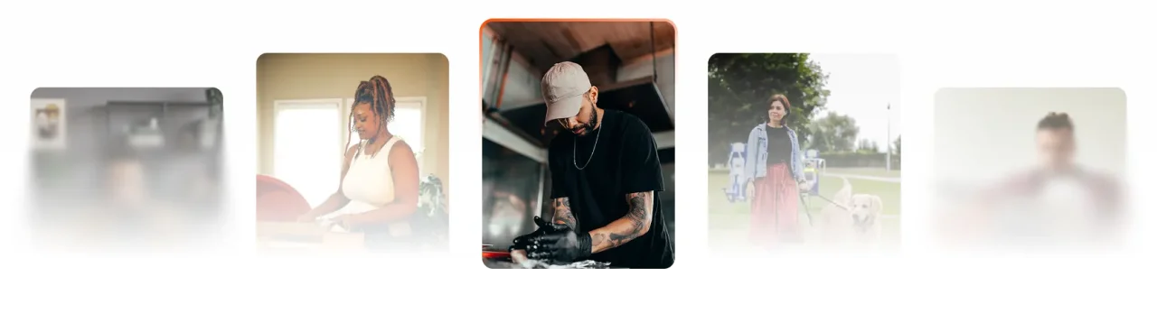 Centered person wearing a cap and gloves looking at a phone, with surrounding images blurred in a horizontal carousel layout