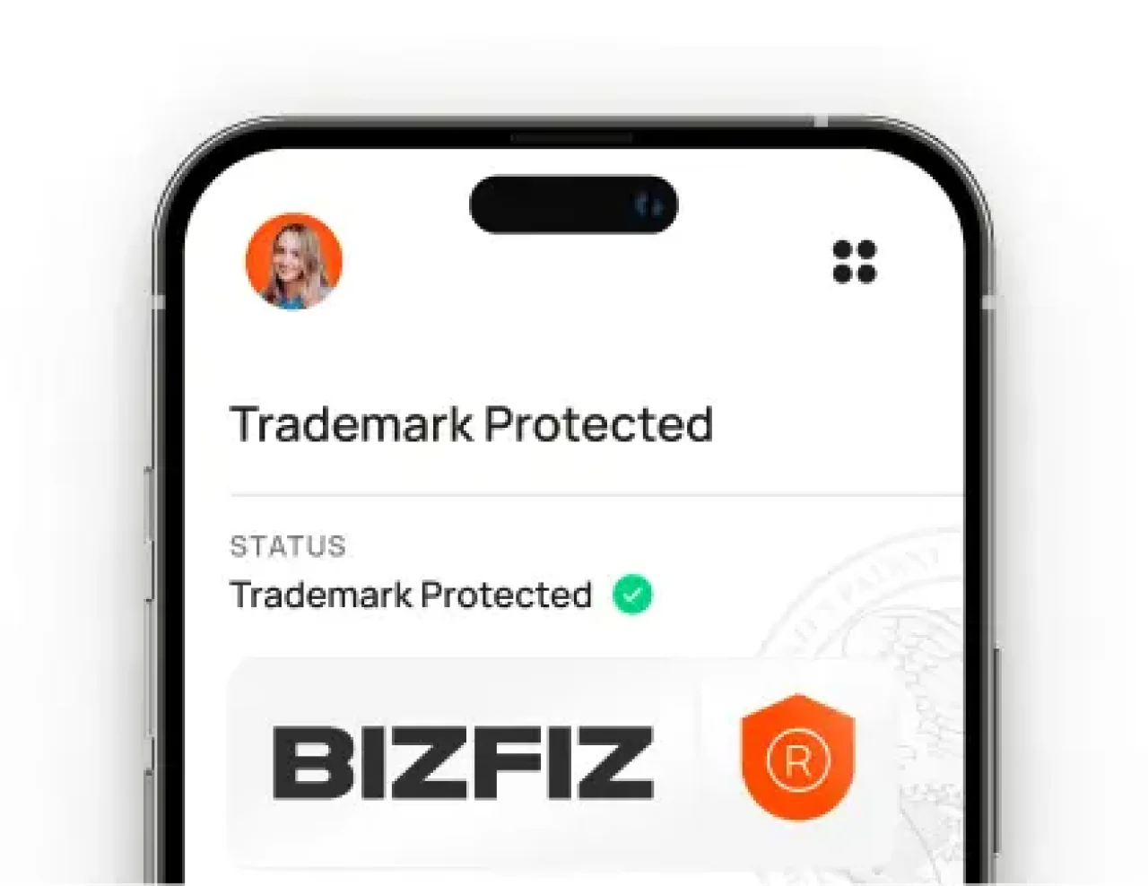 Mobile screen showing trademark protected status for business name with Bizfiz logo