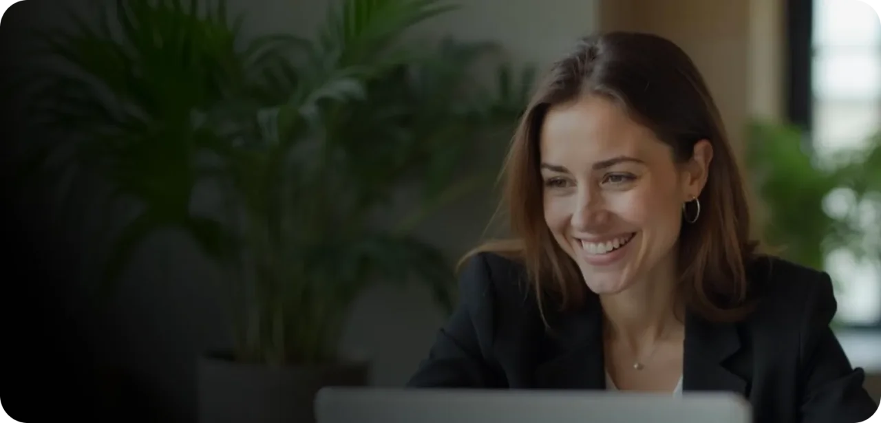 Professional Woman Smiling During Video Call Remote Work Environment Desktop