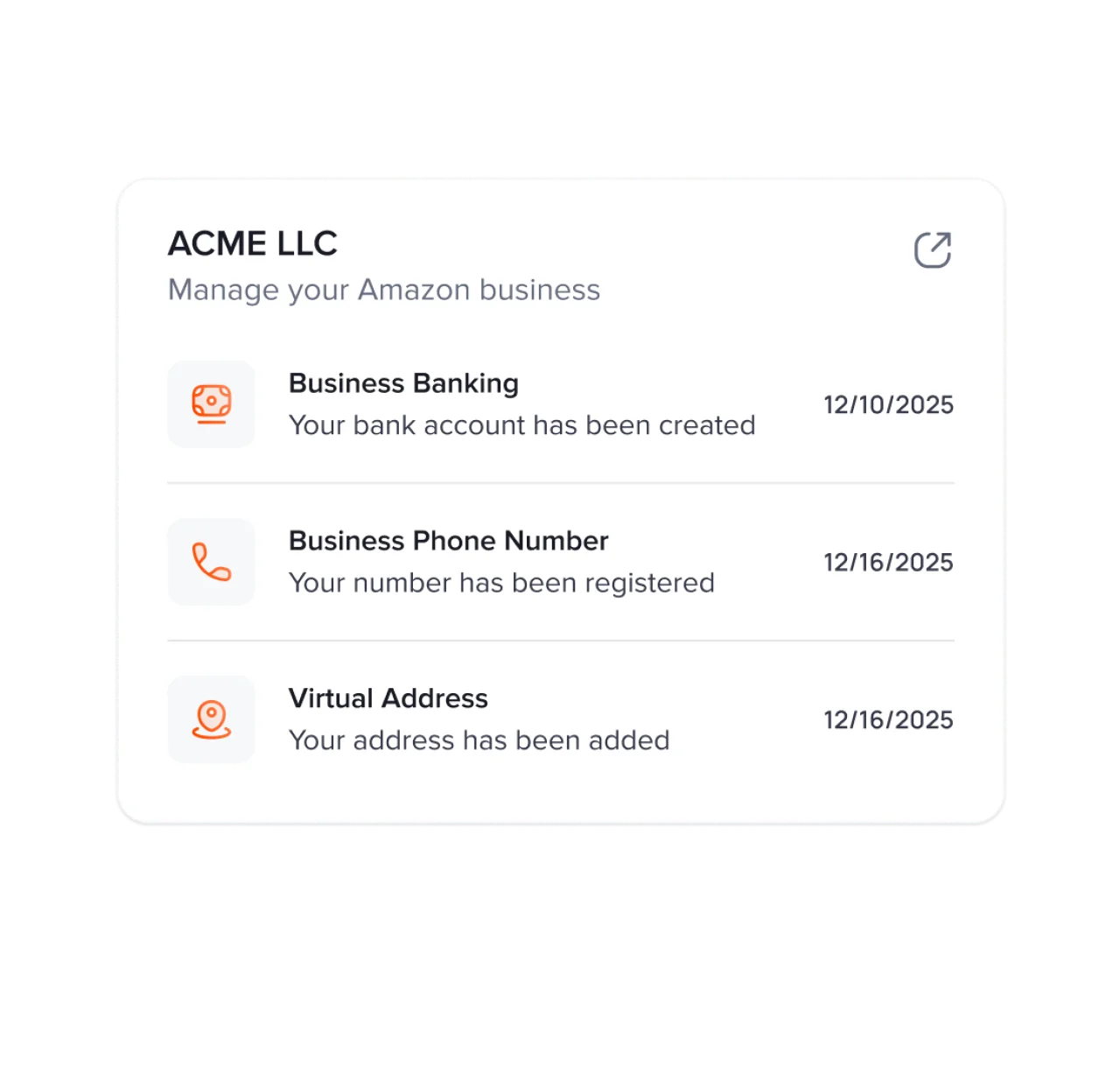 Amazon Business Setup Status Card