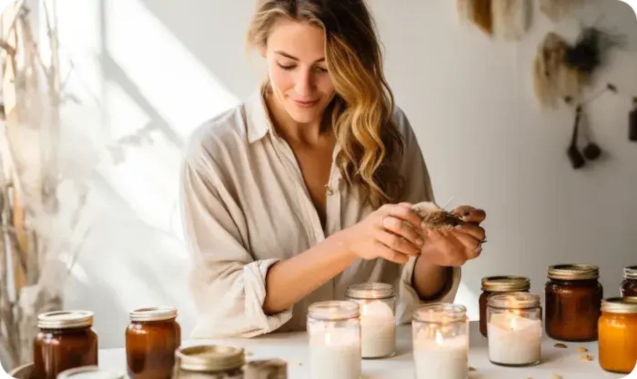 A woman carefully crafting candles in a cozy kitchen setting.