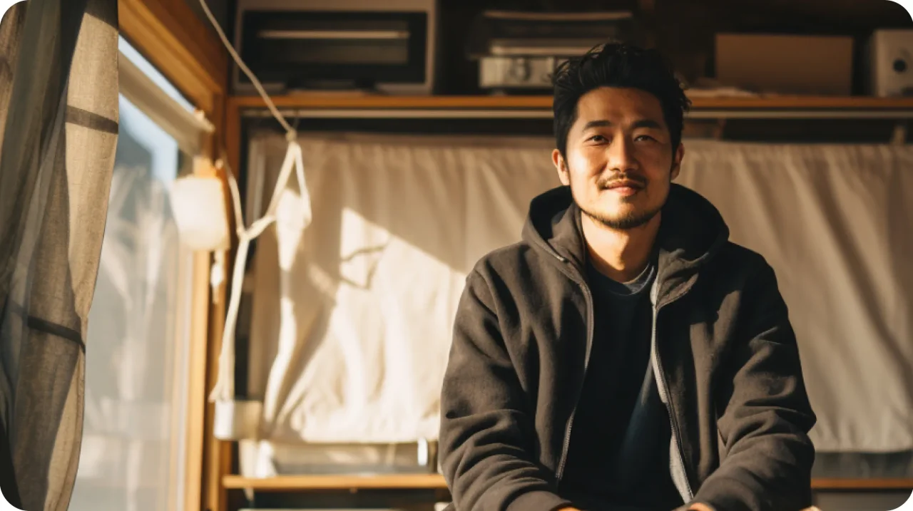 Asian Man Sitting In Cabin Window