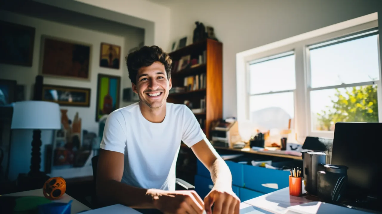 Man Sitting Desk Laptop Focused Work