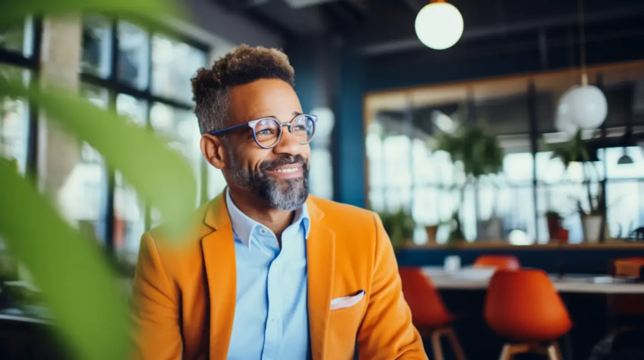 Smiling man in an orange blazer and glasses sitting in a modern office environment with plants and bright lighting.