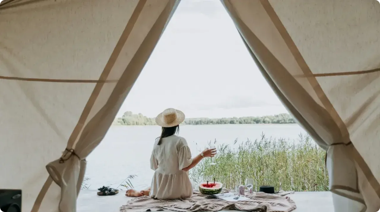 Woman Glamping Tent Lake View Picnic