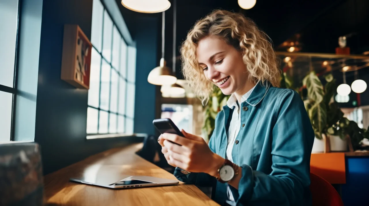 Woman Sitting In Restaurant Working On Phone