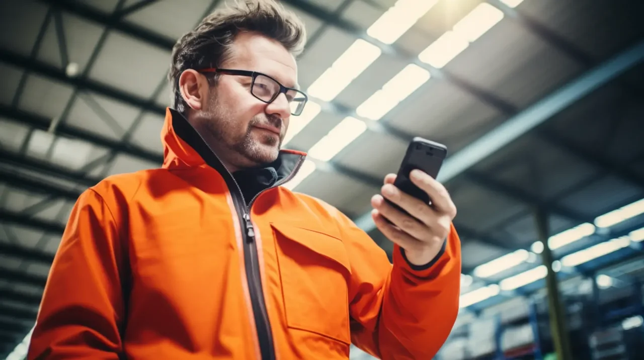 Worker Using Smartphone In Warehouse Wearing Orange Jacket