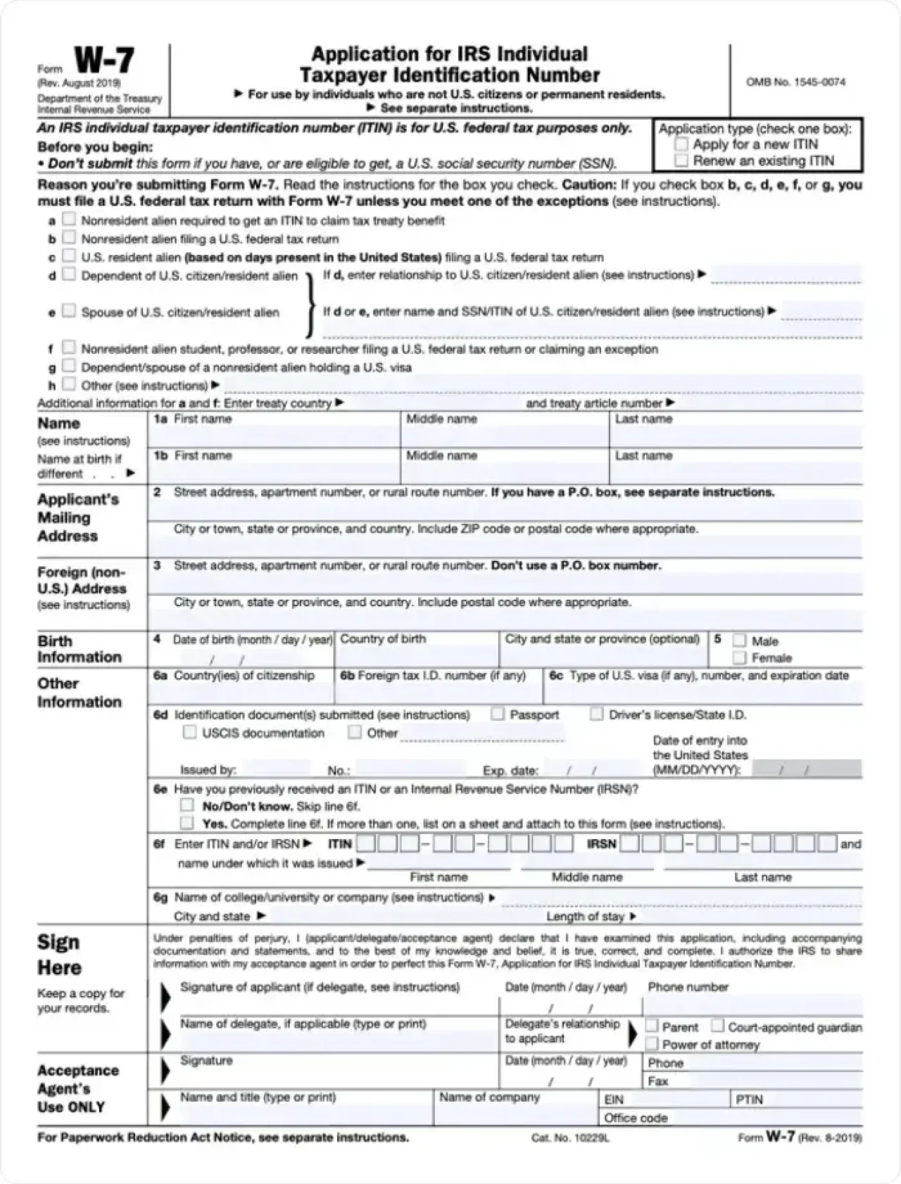 Application For Irs Individual Taxpayer Id Number