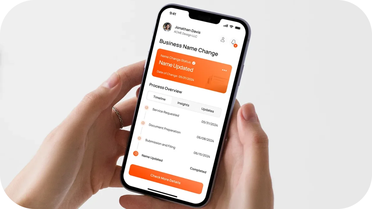 1. Smartphone displaying a business name change status.