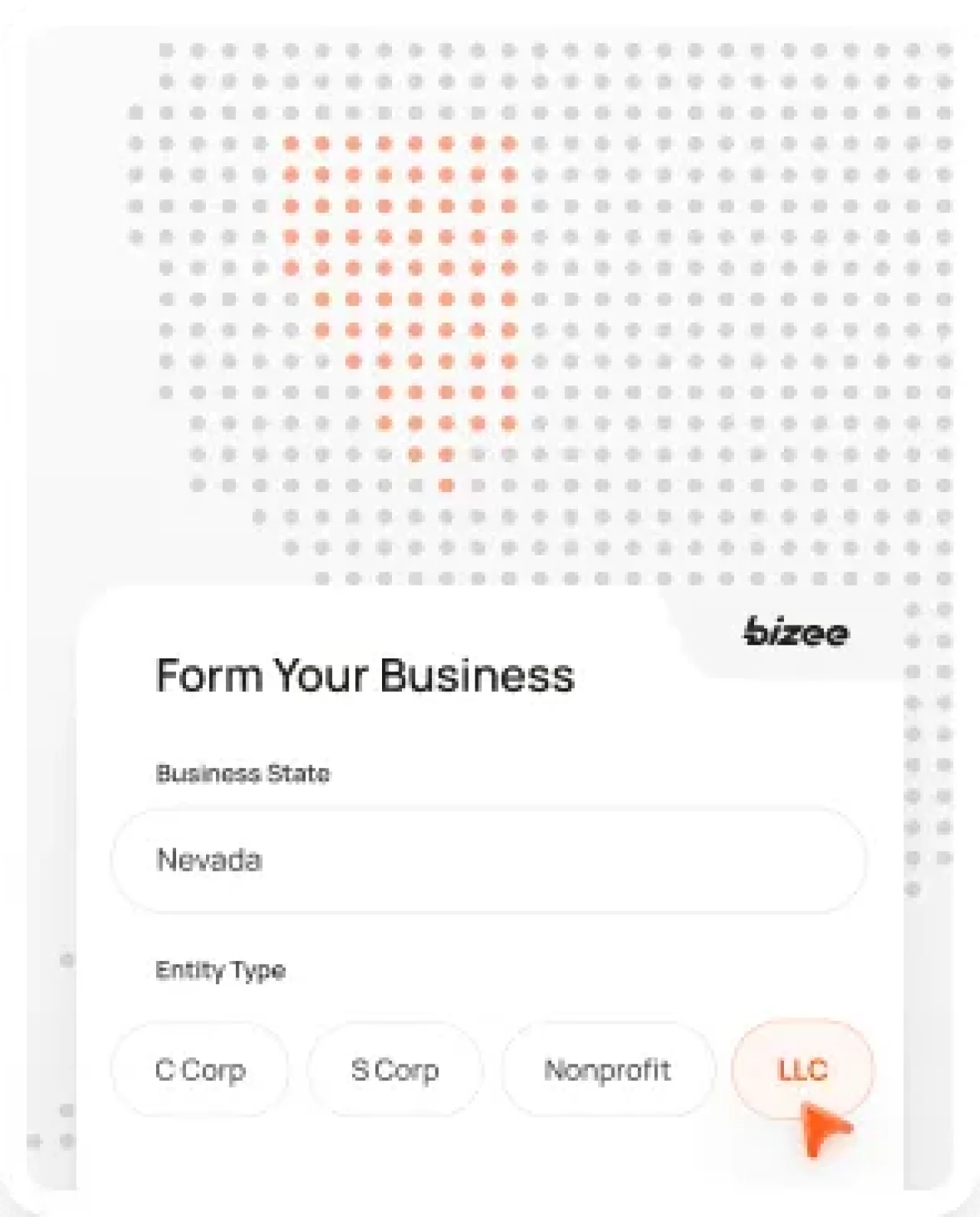 Interactive business formation form showing “Nevada” selected as the business state and “LLC” chosen as the entity type on the Bizee website.