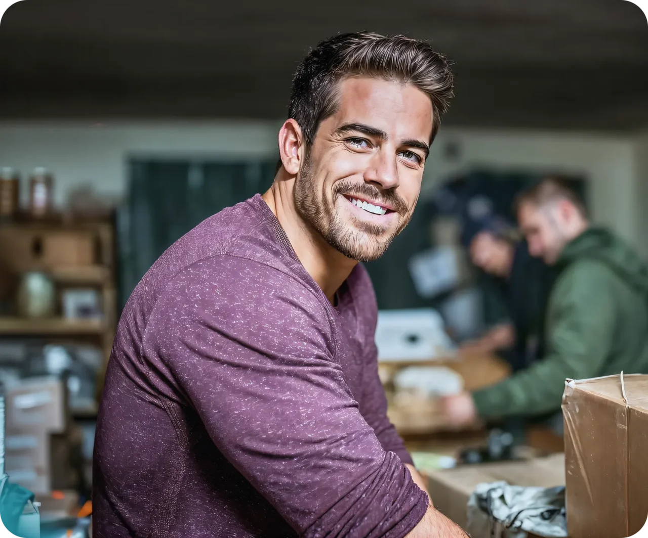 a-smiling-man-in-a-maroon-shirt-packing-boxes-in-a-busy-warehouse-or-shipping-environment