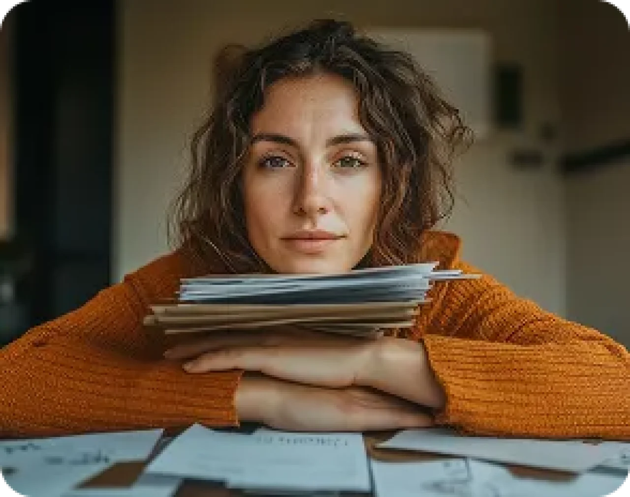 Woman with curly hair leaning on a desk with a stack of papers, resting her chin on her hands, looking thoughtfully at the camera