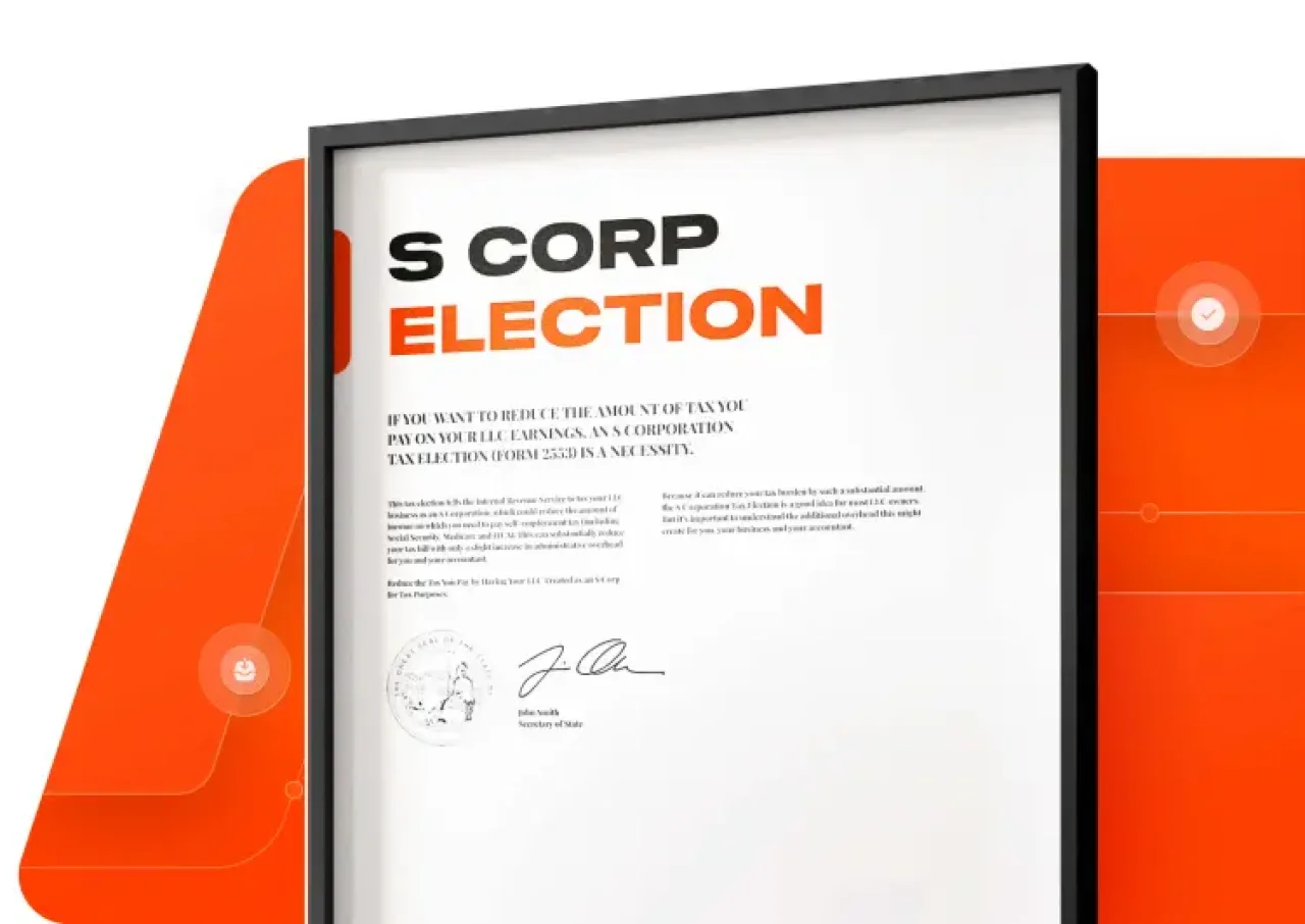 Framed S Corp Election certificate with bold black and orange typography on a white background.”