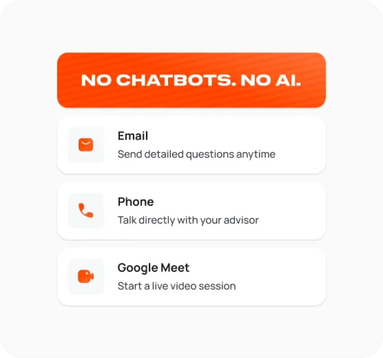 No chatbots, no AI message above three contact options: email for detailed questions, phone to speak with an advisor, and Google Meet for live video sessions.